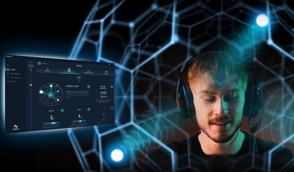 Płyta główna ASROCK X870E TAICHI Lite Mężczyzna w słuchawkach z mikrofonem otoczony wizualizacją dźwięku przestrzennego i interfejsem oprogramowania audio, układ audio, dźwięk