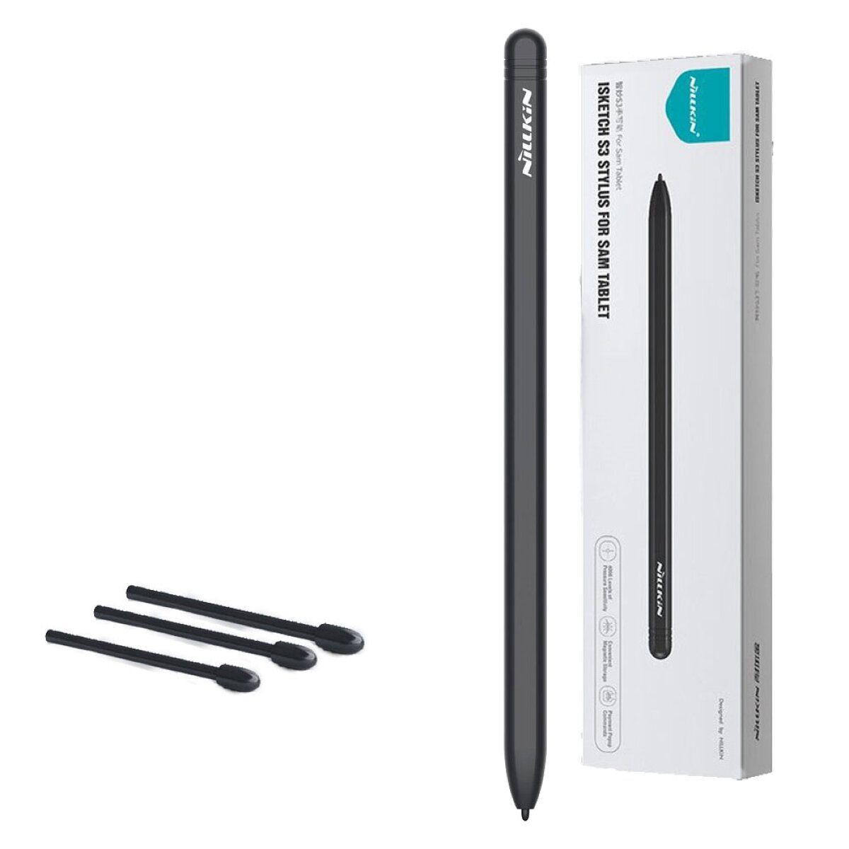 Na obrazie widoczny jest czarny rysik z napisem \'Nillkin\' oraz jego opakowanie z tekstem \'ISKETCH S3 STYLUS FOR SAM TABLET\'.