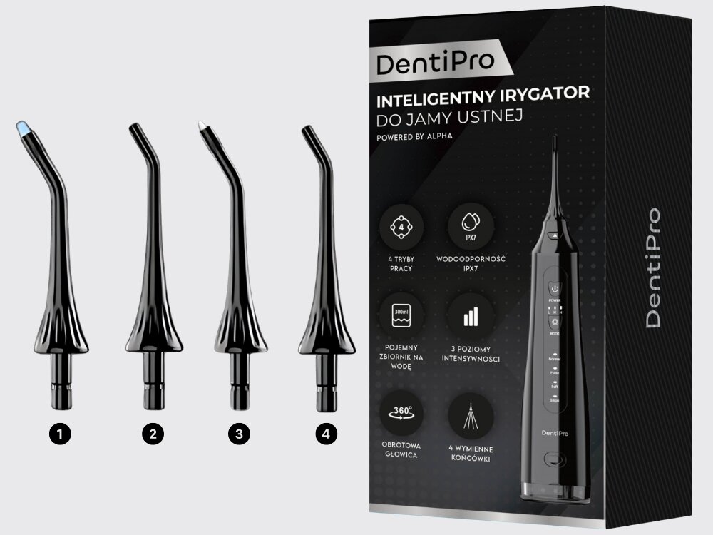 Irygator do zębów ALPHA DentiPro SWF-02 Czarny trwałe tworzywo ABS, wygodnie lezy w dłoni, spokojne i bezpieczne korzystanie