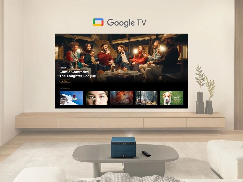 Projektor VIEWSONIC LX60HD Full HD, Google TV, Netflix, Disney+, YouTube, streaming, projektor wyświetlający obraz na ścianie w pomieszczeniu