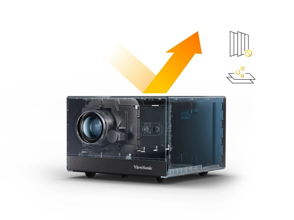 Projektor VIEWSONIC LX60HD Full HD, uszczelniony silnik optyczny, pyłoszczelny, bez filtra, budowa projektora na białym tle