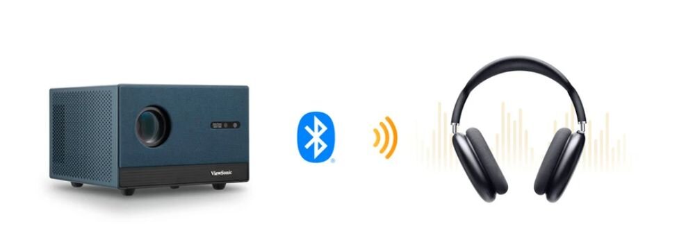 Projektor VIEWSONIC LX60HD Full HD, Bluetooth, bezprzewodowe przesyłanie dźwięku, słuchawki, projektor oraz słuchawki na białym tle