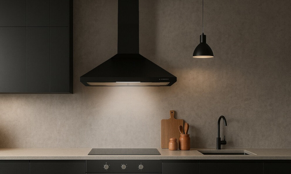 OKAP AKPO WK-4 CLASSIC MINI 60 CZARNY 300 Widzimy jasną kuchnię z czarnym okapem przyściennym nad płytą grzejną i zlewem po prawej stronie. Delikatne oświetlenie podszafkowe oraz wisząca lampa tworzą przyjemną atmosferę w strefie gotowania