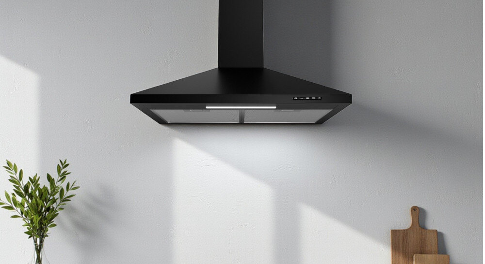 OKAP AKPO WK-4 CLASSIC MINI 60 CZARNY 300 Pokazano okap przyścienny na białej ścianie, pod którym świeci listwa LED oświetlająca płytę kuchenną. Obok znajdują się drewniana deska i roślina doniczkowa, dodające wnętrzu przytulności kompaktowy elegancki minimalistyczny smukły lekki proporcje estetyczny stylowy