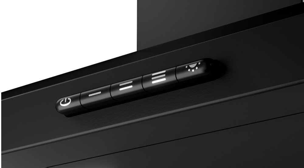 OKAP AKPO WK-4 CLASSIC MINI 60 CZARNY 300 Widać zbliżenie panelu sterowania okapu z pięcioma przyciskami, w tym włącznikiem i regulacją prędkości pracy oraz oświetlenia. Przyciski mają czytelne symbole, co ułatwia obsługę urządzenia turbina 300 m³/h cicha praca sterowanie guzikowe prędkości intuicyjne