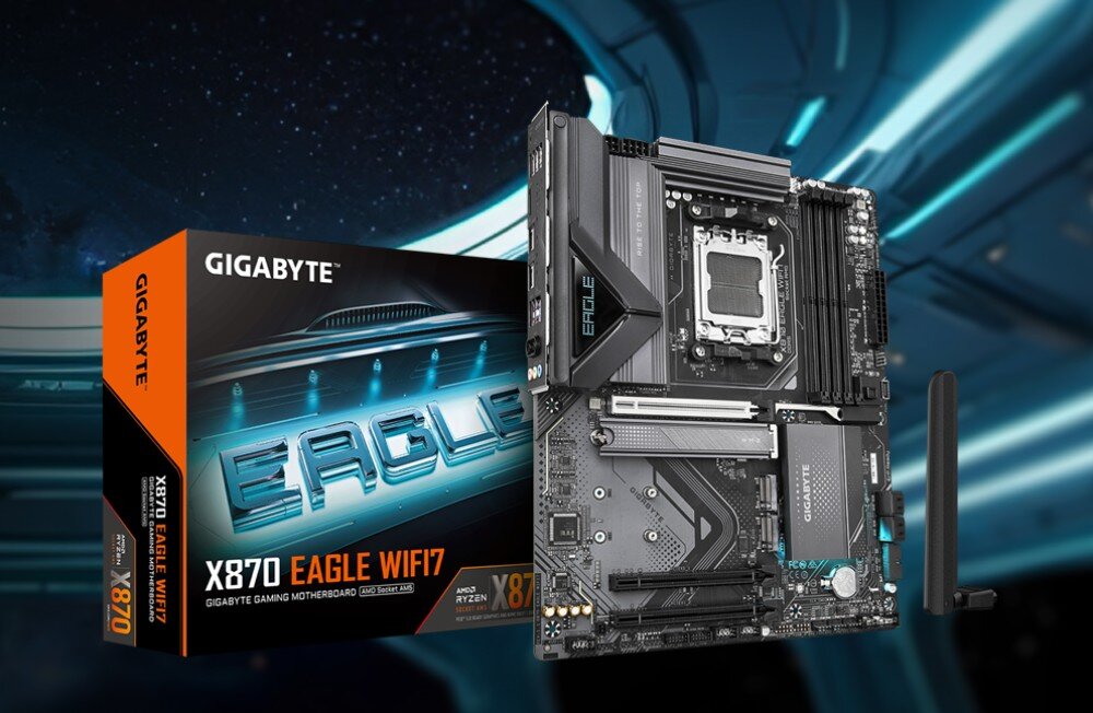 Płyta główna GIGABYTE X870 Eagle WiFi7 Płyta główna ustawiona pionowo obok oryginalnego opakowania z napisem 'EAGLE' oraz dołączonej anteny, opis