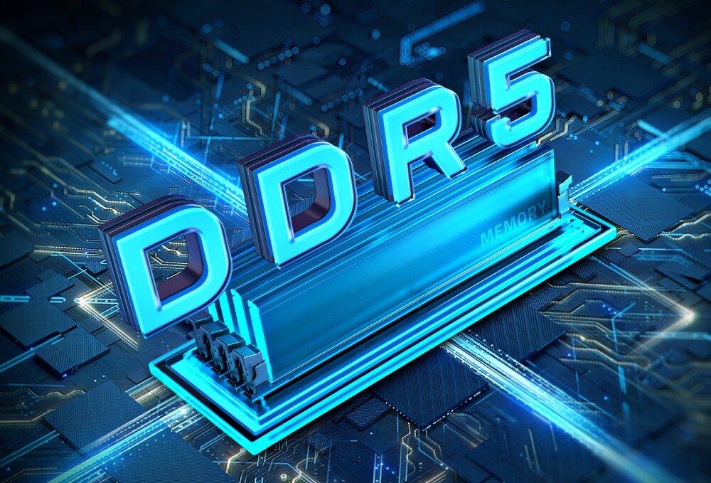 Płyta główna GIGABYTE X870 Eagle WiFi7 Grafika przedstawiająca kości pamięci z dużym, błękitnym napisem 'DDR5' unoszącym się nad nimi, pamięć RAM, taktowanie, podkręcenie, AMD EXPO