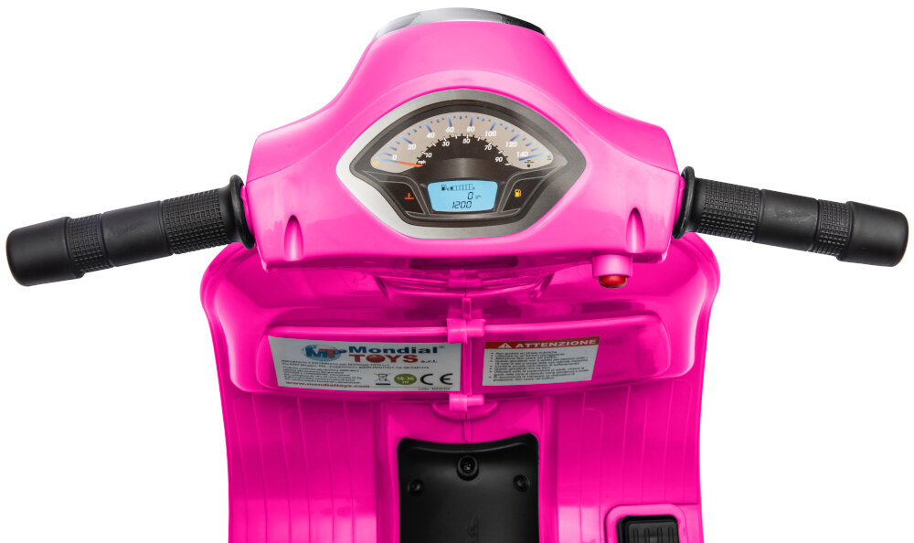 Motorek elektryczny SUN BABY Scooter Vespa Fuksja wyswietlacz LED delikatne niebieskie podswietlenie parametry predkosc stn baterii glosnosc nauka kontrolowania i odczytywania odpowiednich parametrow
