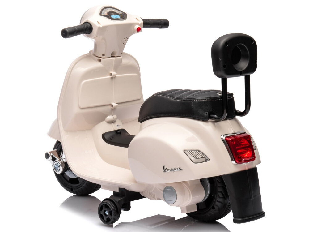 Motorek elektryczny SUN BABY Scooter Vespa Biały dlugie siedzisko w wysokiej jakosci tworzyw odpowiedni komfort satysfakcjonujaca jazda oparcie wysokosc 31 cm odpowiednie podparcie dla pelcow
