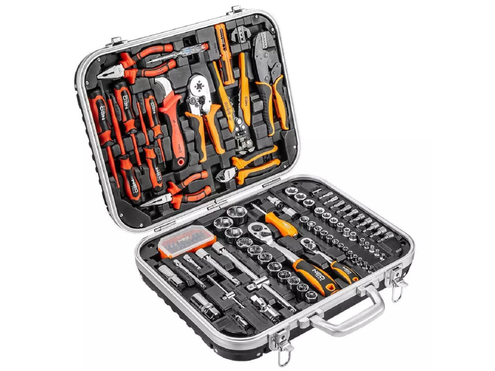 Zestaw narzędzi NEO TOOLS 01-310 otwarta walizka na białym tle 108 sztuk dla elektryków i majsterkowiczów