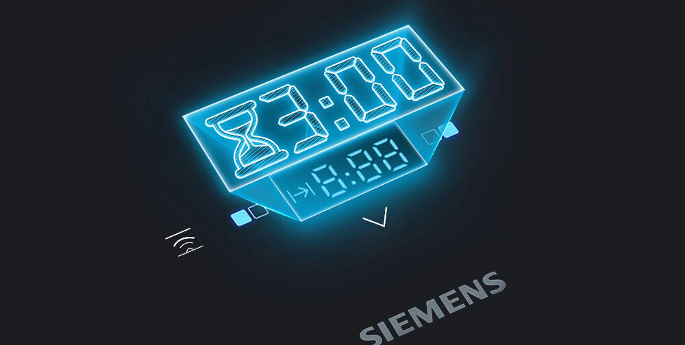 PŁYTA SIEMENS EE611BPB5E Na grafice przedstawiono świecący na niebiesko, trójwymiarowy symbol elektronicznego timera w formie cyfrowego wyświetlacza z klepsydrą i ustawionym czasem „3:00”. Pod spodem widnieje napis „SIEMENS”, co sugeruje, że ilustracja odnosi się do funkcji czasomierza w urządzeniach tej marki Timer z funkcją wyłączenia