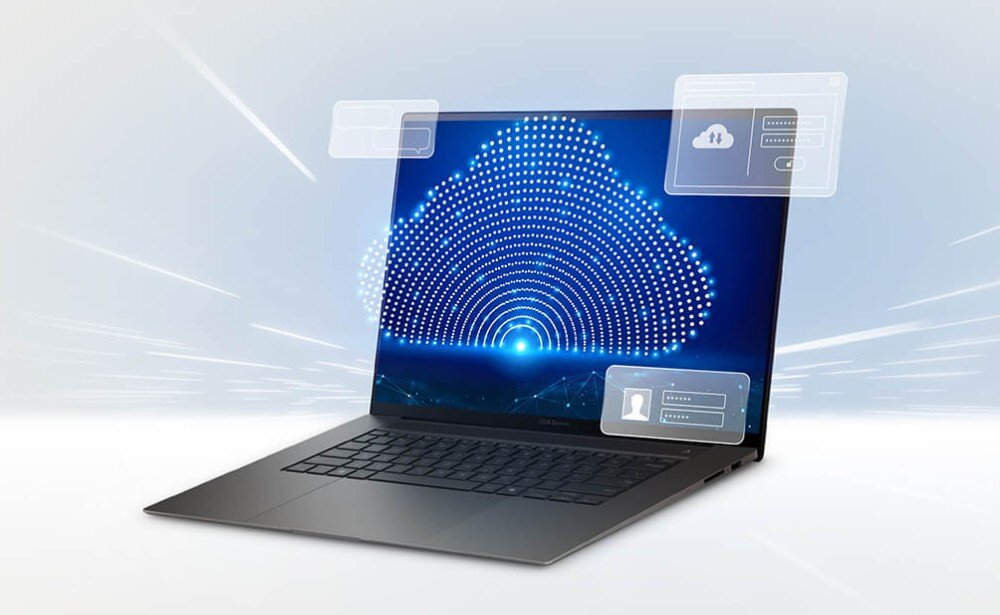 Router ASUS ZenWiFi BT10 Otwarty laptop na jasnym tle, na ekranie grafika przedstawiająca chmurę złożoną z niebieskich kropek, wokół unoszą się przezroczyste panele z ikonami logowania i chmury, łączność VPN