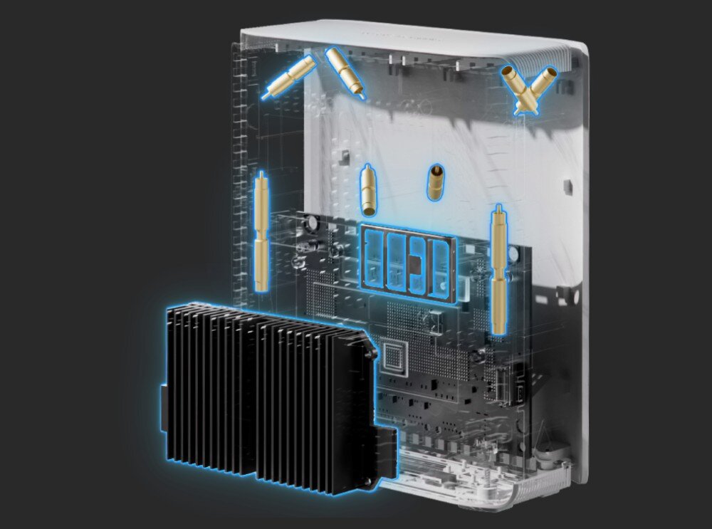 Router ASUS ZenWiFi BT10 Przezroczysty widok wnętrza białego urządzenia sieciowego na ciemnym tle, z podświetlonymi na niebiesko komponentami i widocznym czarnym radiatorem w dolnej części, chłodzenie, stabilność