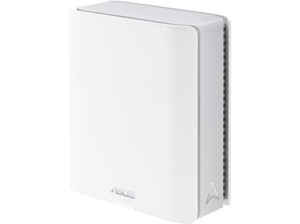 Router ASUS ZenWiFi BT10 Dwa identyczne białe urządzenia sieciowe ustawione obok siebie pod lekkim kątem, na białym tle, rozszerzanie sieci, rozbudowa, kompatybilność