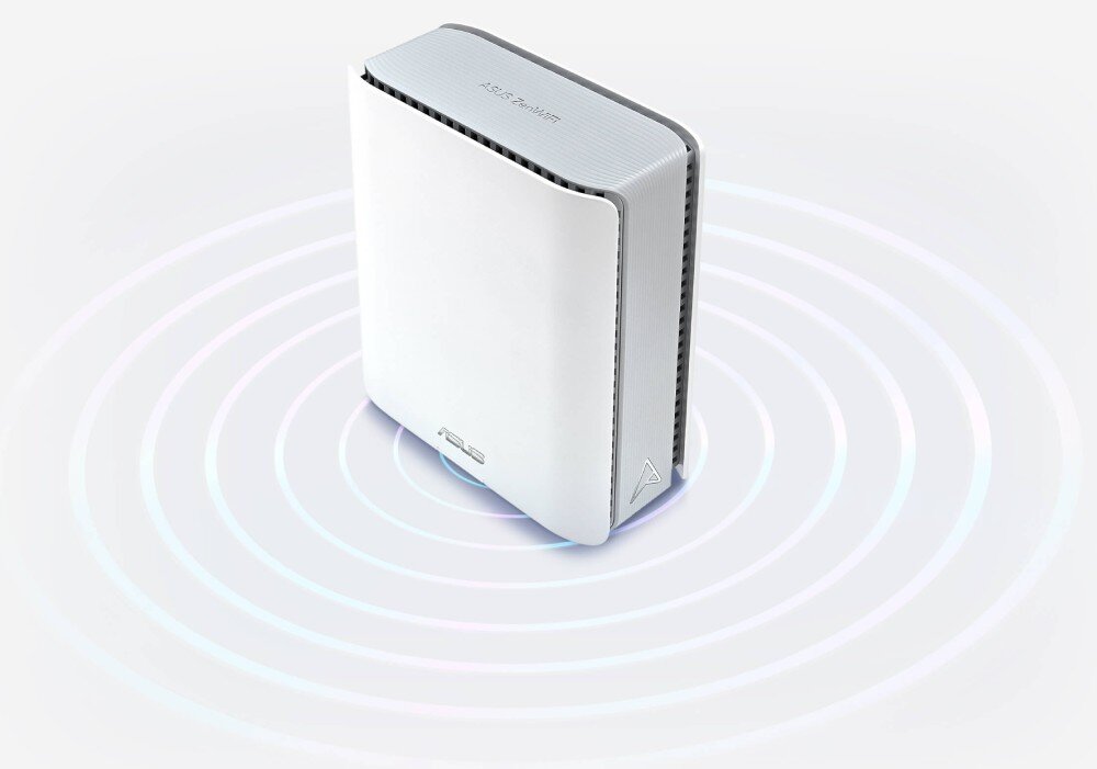 Router ASUS ZenWiFi BT10 Białe urządzenie sieciowe ustawione na jasnej powierzchni, otoczone koncentrycznymi kręgami symbolizującymi zasięg sygnału, pasma, przepustowość