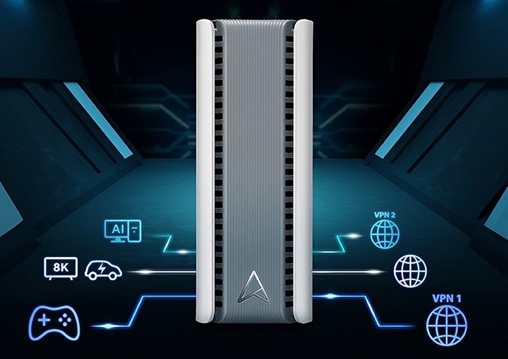 Router ASUS ZenWiFi BT10 Białe urządzenie sieciowe ustawione na ciemnym tle z futurystycznymi ikonami reprezentującymi zastosowania, takie jak streaming 8K, VPN i urządzenia inteligentne, procesor, wydajność porty Ethernet