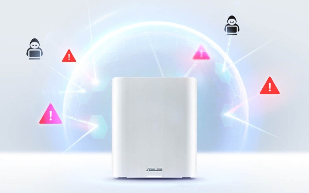 Router ASUS ZenWiFi BT10 Białe urządzenie sieciowe na jasnym tle, wokół którego unoszą się ikony zagrożeń bezpieczeństwa oznaczone czerwonymi trójkątami i sylwetkami osób, bezpieczeństwo