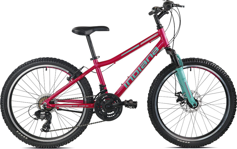 Rower młodzieżowy INDIANA Roxy Jr 24 cale dla dziewczynki Różowo-miętowy rower na białym tle widoczny z boku komfort jazdy odpowiednia kontrola nad rowerem 13-calowa aluminiowa rama rower bardzo zwinny lekki łatwo go podnieść dostosowana do najmłodszych geometria wybór rozmiaru ramy Twój wzrost mierzony w zrelaksowanej pozycji typ roweru