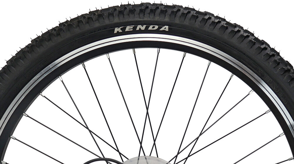 Rower młodzieżowy INDIANA Roxy Jr 24 cale dla dziewczynki Różowo-miętowy zbliżenie na koło 24-calowe koła szeroki opony marki KENDA dobra przyczepność dwuściankowe obręcze marki BERETTA zachowanie regularnego kształtu kół bezpieczna i komfortowa jazda stabilne trzymanie opony regularne sprawdzanie ciśnienia powietrza wartość na bocznej części opony