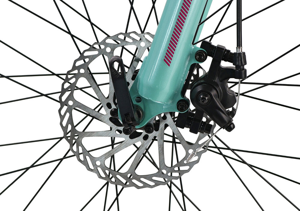 Rower młodzieżowy INDIANA Roxy Jr 24 cale dla dziewczynki Różowo-miętowy zbliżenie na przedni hamulec podstawa bezpieczeństwa przedni hamulec tarczowy mechaniczny w każdych warunkach pogodowych i na każdej trasie bardzo duża siła hamowania tylny hamulec typu V-Brake lekki duża siła hamowania