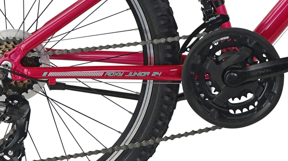 Rower młodzieżowy INDIANA Roxy Jr 24 cale dla dziewczynki Różowo-miętowy zbliżenie na korbę i wolnobieg lekka i wydajna konstrukcja korby AMAR typu 24/34/42x150 Onyx wolnobieg SPARK typu 14-28T 6V solidny i wytrzyma obciążenie nawet w trudnych warunkach