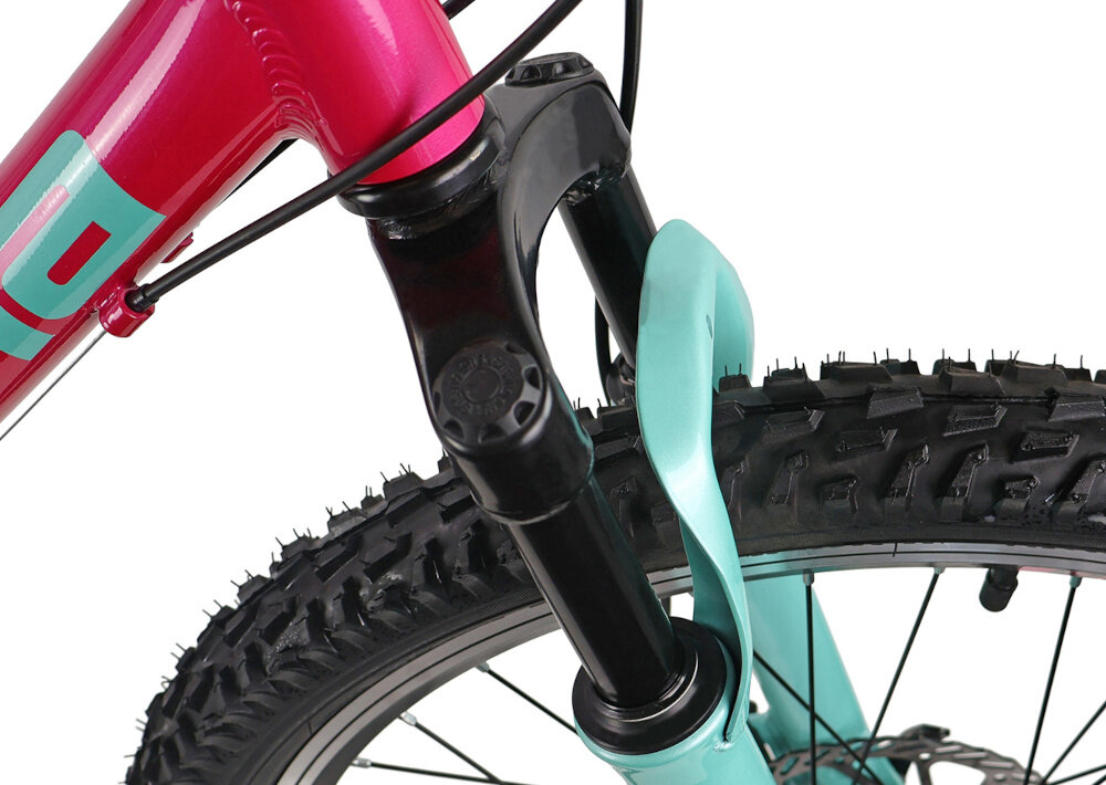 Rower młodzieżowy INDIANA Roxy Jr 24 cale dla dziewczynki Różowo-miętowy zbliżenie na amortyzator rower typu hardtail przedni amortyzator marki G.W. typ GW-N781 24 ułatwia najeżdżanie na przeszkody i niweluje wstrząsy na kierownicy