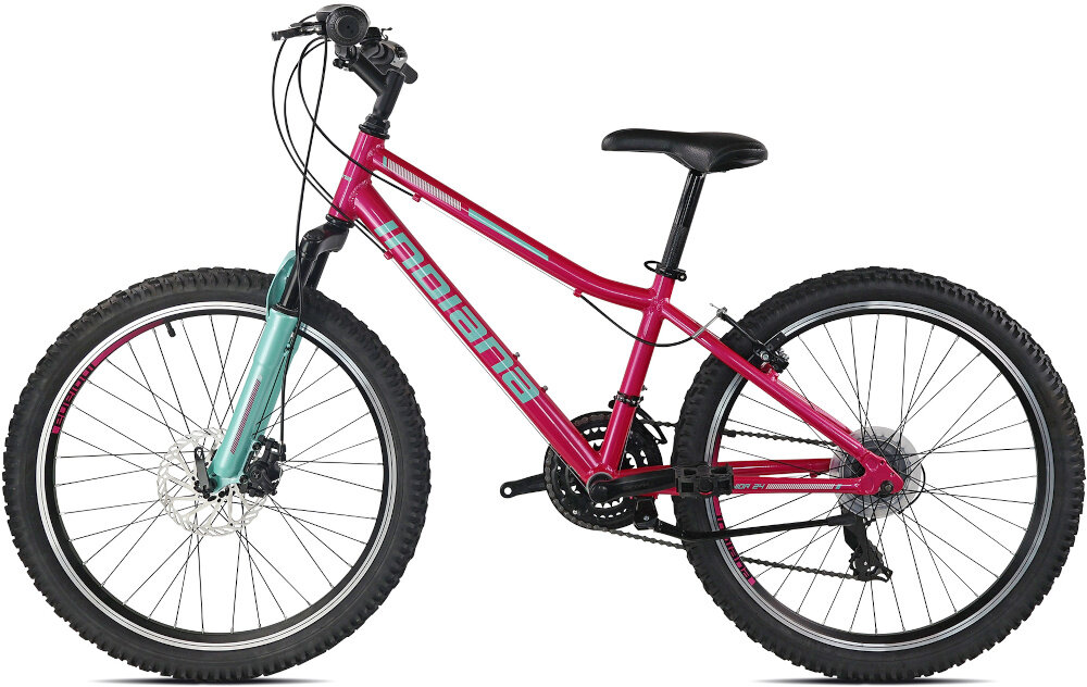 Rower młodzieżowy INDIANA Roxy Jr 24 cale dla dziewczynki Różowo-miętowy rower na białym tle widoczny z boku specjalne gwinty przymocowanie uchwytu na bidon dzwonek zamontowany na kierownicy