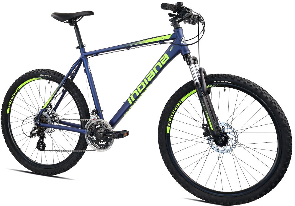 Rower górski MTB INDIANA X-Pulser 2.6 M15 26 cali męski Czarno-zielony rower na białym tle widoczny od przodu po skosie góral pojazd dla sportowców do jazdy wyczynowej uniwersalny dla amatorów zwrotny łatwo wchodzi w zakręty do jazdy w mieście za miastem w lesie na górskim szlaku w błocie nie za głębokim piachu