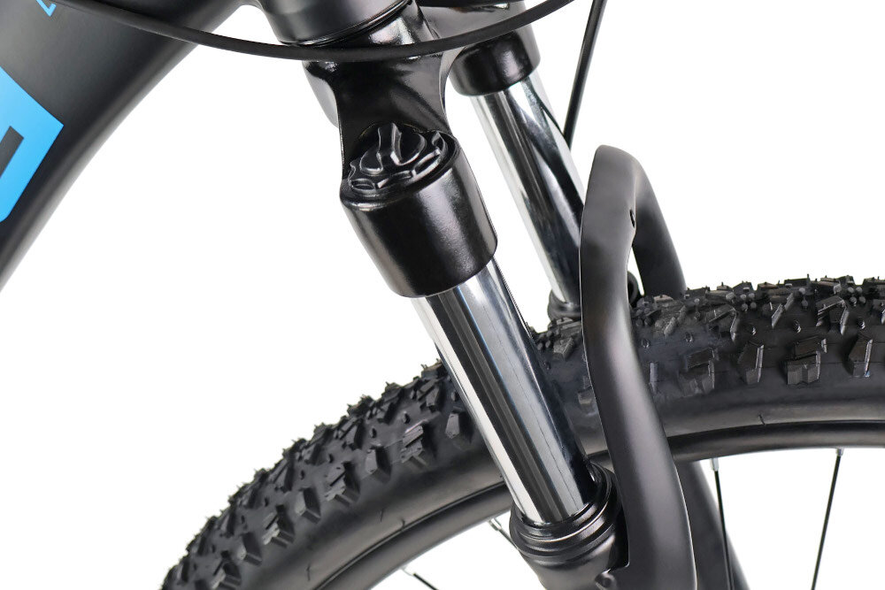 Rower górski MTB INDIANA X-Pulser 1.9 M17 29 cali męski Czarno-niebieski zbliżenie na amortyzator rower typu hardtail przedni amortyzator marki HL Corp typ CH-389 29 Ahead 1 1/8 ułatwia najeżdżanie na przeszkody niweluje wstrząsy niska masa roweru duża sztywność regulacja za pomocą sprężyny obsługa poprzez manetki