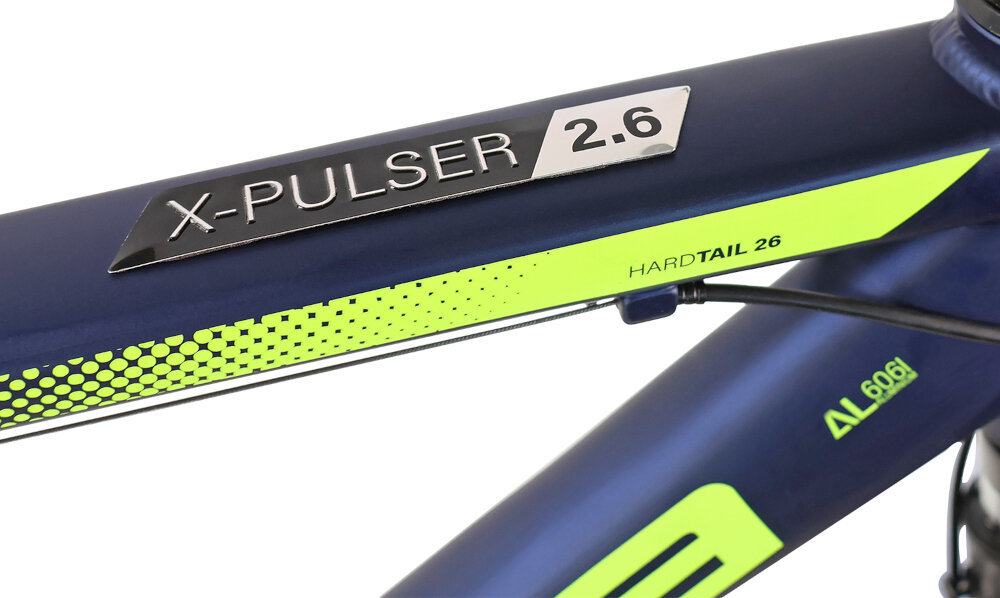 Rower górski MTB INDIANA X-Pulser 2.6 M17 26 cali męski Czarno-zielony zbliżenie na ramę 17-calowa aluminiowa ramę rower zwinny lekki łatwo go podnieść odporność na korozję wybor rozmiaru ramy Twój wzrost mierzony w zrelaksowanej pozycji typ roweru dla osób o wzroście od 165 do 174 cm