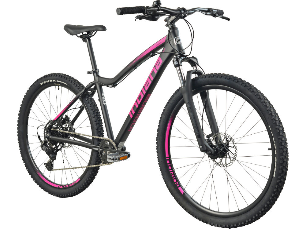 Rower górski MTB INDIANA X-Pulser 3.7 D21 27.5 cala damski Czarno-fuksjowy rower na białym tle widoczny od przodu po skosie góral pojazd dla sportowców do jazdy wyczynowej uniwersalny dla amatorów zwrotny łatwo wchodzi w zakręty do jazdy w mieście za miastem w lesie na górskim szlaku w błocie nie za głębokim piachu