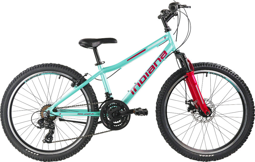 Rower młodzieżowy INDIANA Roxy Jr 24 cale dla dziewczynki Miętowo-różowy rower na białym tle widoczny z boku komfort jazdy odpowiednia kontrola nad rowerem 13-calowa aluminiowa rama rower bardzo zwinny lekki łatwo go podnieść dostosowana do najmłodszych geometria wybór rozmiaru ramy Twój wzrost mierzony w zrelaksowanej pozycji typ roweru