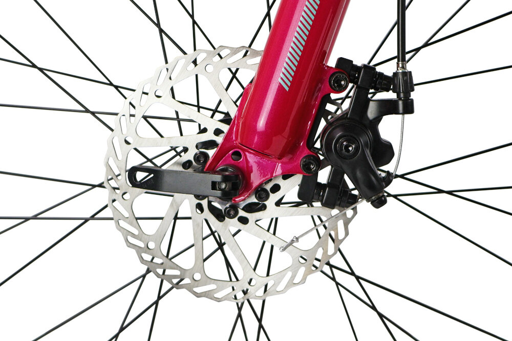 Rower młodzieżowy INDIANA Roxy Jr 24 cale dla dziewczynki Miętowo-różowy zbliżenie na przedni hamulec podstawa bezpieczeństwa przedni hamulec tarczowy mechaniczny w każdych warunkach pogodowych i na każdej trasie bardzo duża siła hamowania tylny hamulec typu V-Brake lekki duża siła hamowania