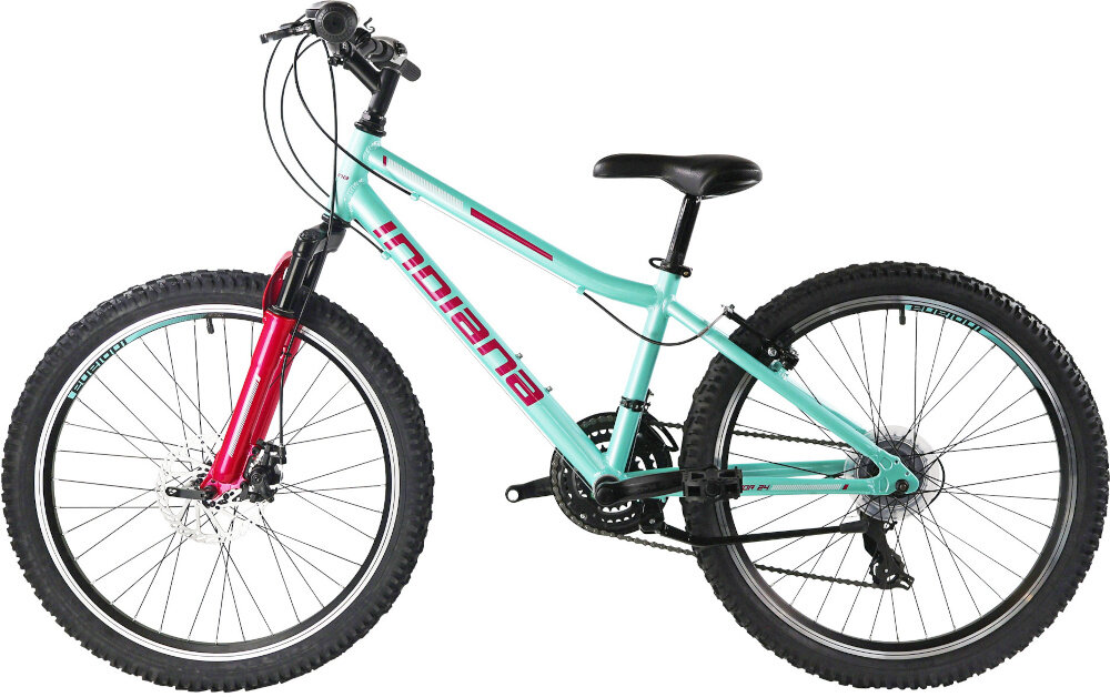 Rower młodzieżowy INDIANA Roxy Jr 24 cale dla dziewczynki Miętowo-różowy rower na białym tle widoczny z boku specjalne gwinty przymocowanie uchwytu na bidon dzwonek zamontowany na kierownicy
