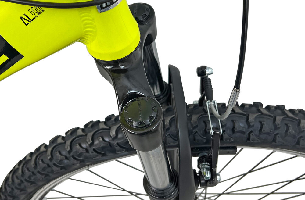 Rower górski MTB INDIANA X-Pulser 1.6 M15 26 cali męski Limonkowo-czarny zbliżenie na amortyzator rower typu hardtail przedni amortyzator marki ZOOM typ CH-389 ułatwia najeżdżanie na przeszkody niweluje wstrząsy niska masa roweru duża sztywność regulacja za pomocą sprężyny obsługa poprzez manetki