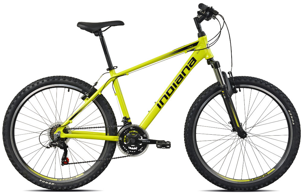 Rower górski MTB INDIANA X-Pulser 1.6 M15 26 cali męski Limonkowo-czarny rower na białym tle widoczny z boku specjalne gwinty możliwość przymocowania uchwytu na bidon odblaski dobrze widoczny na drodze bezpieczna jazda dzwonek na kierownicy