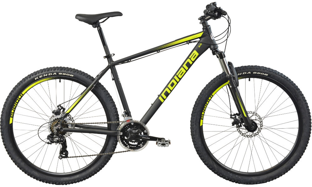 Rower górski MTB INDIANA X-Pulser 2.7 M17 27.5 cala męski Czarno-żółty rower na białym tle widoczny z boku specjalne gwinty możliwość przymocowania uchwytu na bidon odblaski dobrze widoczny na drodze dzwonek na kierownicy