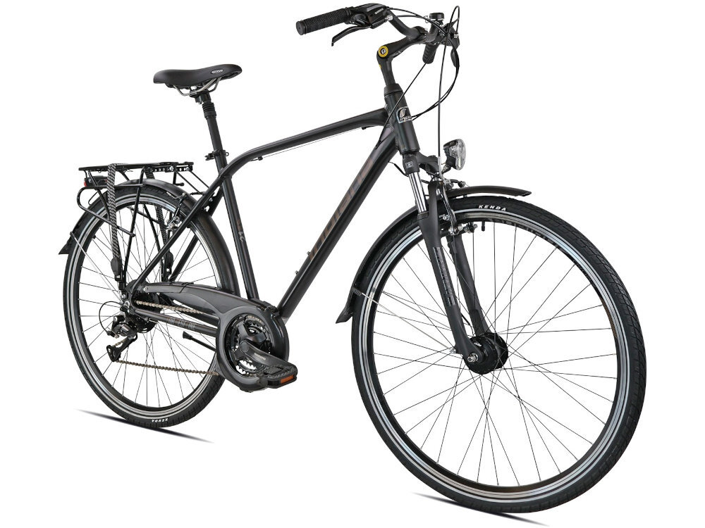 Rower trekkingowy INDIANA X-Road 3.0 M21 28 cali męski Czarno-brązowy rower na białym tle widoczny pod skosem do jazdy w mieście poza miastem dla mężczyzn komfort jazdy po asfalcie po nieutwardzonych drogach trekkingowa geometria jazda w niemęczącej naturalnej wyprostowanej pozycji
