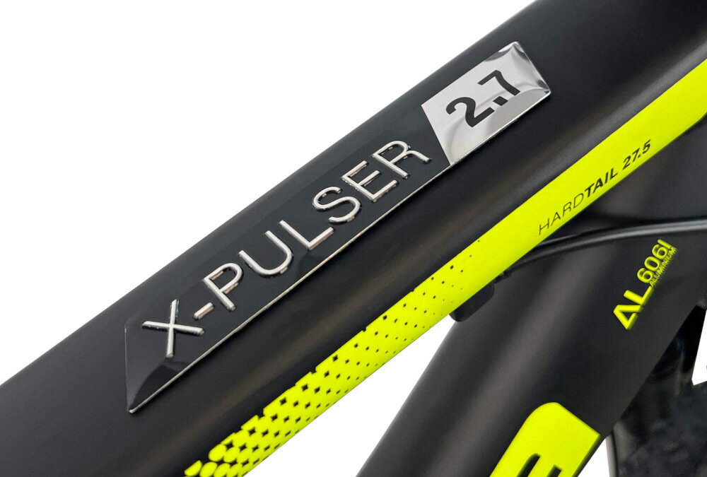 Rower górski MTB INDIANA X-Pulser 2.7 M21 27.5 cala męski Czarno-żółty zbliżenie na ramę 21-calowa aluminiowa ramę rower zwinny lekki łatwo go podnieść odporność na korozję wybor rozmiaru ramy Twój wzrost mierzony w zrelaksowanej pozycji typ roweru dla osób o wzroście od 180 do 190 cm