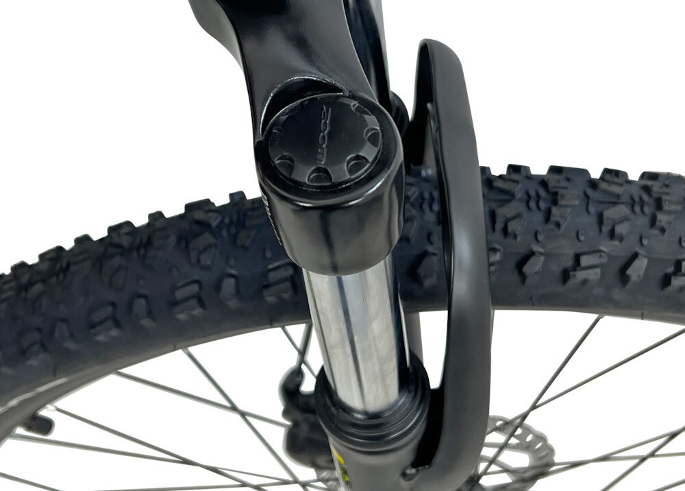 Rower górski MTB INDIANA X-Pulser 2.7 M21 27.5 cala męski Czarno-żółty zbliżenie na amortyzator rower typu hardtail przedni amortyzator marki HL Corp typ HL-389 27,5 Ahead ułatwia najeżdżanie na przeszkody niweluje wstrząsy niska masa roweru duża sztywność regulacja za pomocą sprężyny obsługa poprzez manetki