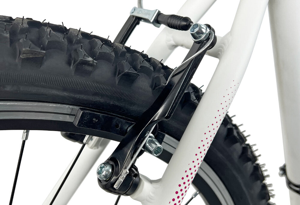 Rower górski MTB INDIANA X-Pulser 1.6 D19 26 cali damski Biało-różowy zbliżenie na tylny hamulec podstawa bezpieczeństwa hamulce typu V-Brake lekkie duża siłę hamowania hamulce z przodu i z tyłu podwójny pakiet bezpieczeństwa