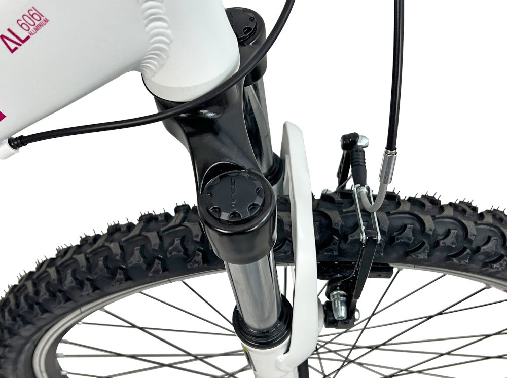 Rower górski MTB INDIANA X-Pulser 1.6 D19 26 cali damski Biało-różowy zbliżenie na amortyzator rower typu hardtail przedni amortyzator marki ZOOM typ CH-389 ułatwia najeżdżanie na przeszkody niweluje wstrząsy niska masa roweru duża sztywność regulacja za pomocą sprężyny obsługa poprzez manetki