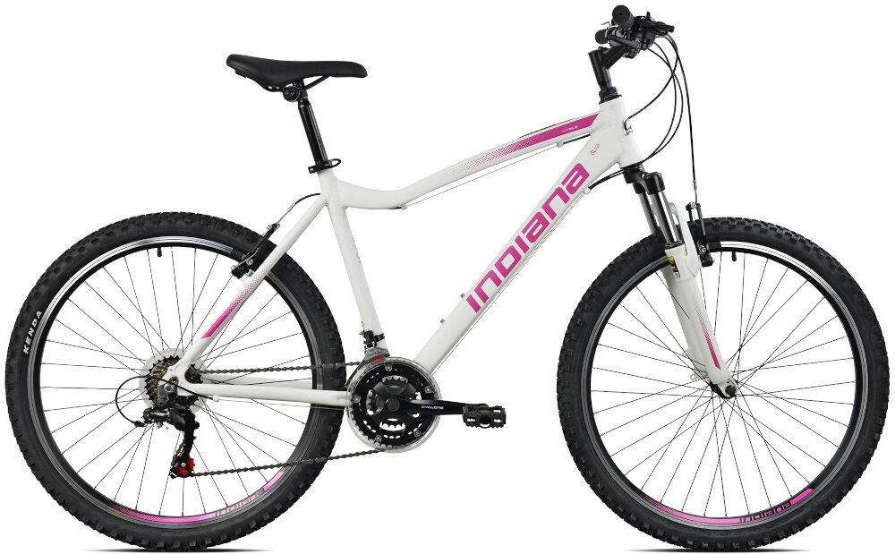 Rower górski MTB INDIANA X-Pulser 1.6 D19 26 cali damski Biało-różowy rower na białym tle widoczny z boku specjalne gwinty możliwość przymocowania uchwytu na bidon odblaski dobrze widoczny na drodze bezpieczna jazda dzwonek na kierownicy