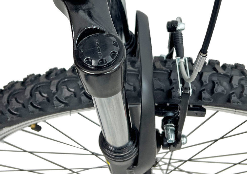 Rower górski MTB INDIANA X-Pulser 1.6 M21 26 cali męski Czarno-czerwony zbliżenie na amortyzator rower typu hardtail przedni amortyzator marki ZOOM typ CH-389 ułatwia najeżdżanie na przeszkody niweluje wstrząsy niska masa roweru duża sztywność regulacja za pomocą sprężyny obsługa poprzez manetki