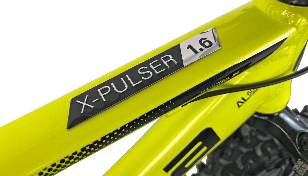 Rower górski MTB INDIANA X-Pulser 1.6 M19 26 cali męski Limonkowo-czarny zbliżenie na ramę 19-calowa aluminiowa ramę rower zwinny lekki łatwo go podnieść odporność na korozję wybor rozmiaru ramy Twój wzrost mierzony w zrelaksowanej pozycji typ roweru dla osób o wzroście od 174 do 180 cm