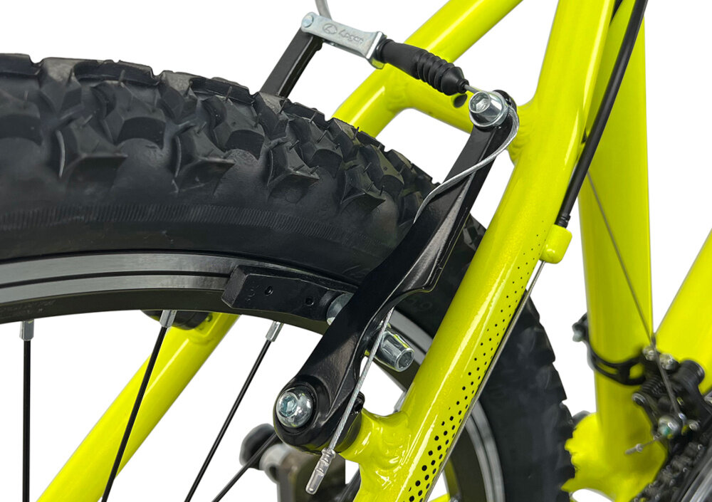 Rower górski MTB INDIANA X-Pulser 1.6 M19 26 cali męski Limonkowo-czarny zbliżenie na tylny hamulec podstawa bezpieczeństwa hamulce typu V-Brake lekkie duża siłę hamowania hamulce z przodu i z tyłu podwójny pakiet bezpieczeństwa