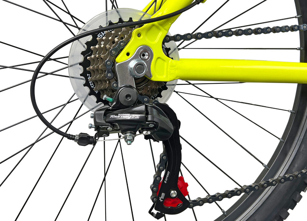 Rower górski MTB INDIANA X-Pulser 1.6 M19 26 cali męski Limonkowo-czarny zbliżenie na przerzutki z tyłu przerzutki na przód i tył renomowanej marki SHIMANO 21 biegów przerzutki SHIMANO Tourney do rekreacyjnej jazdy duża wytrzymałość sprawne działanie zmiana biegów płynna bezproblemowa