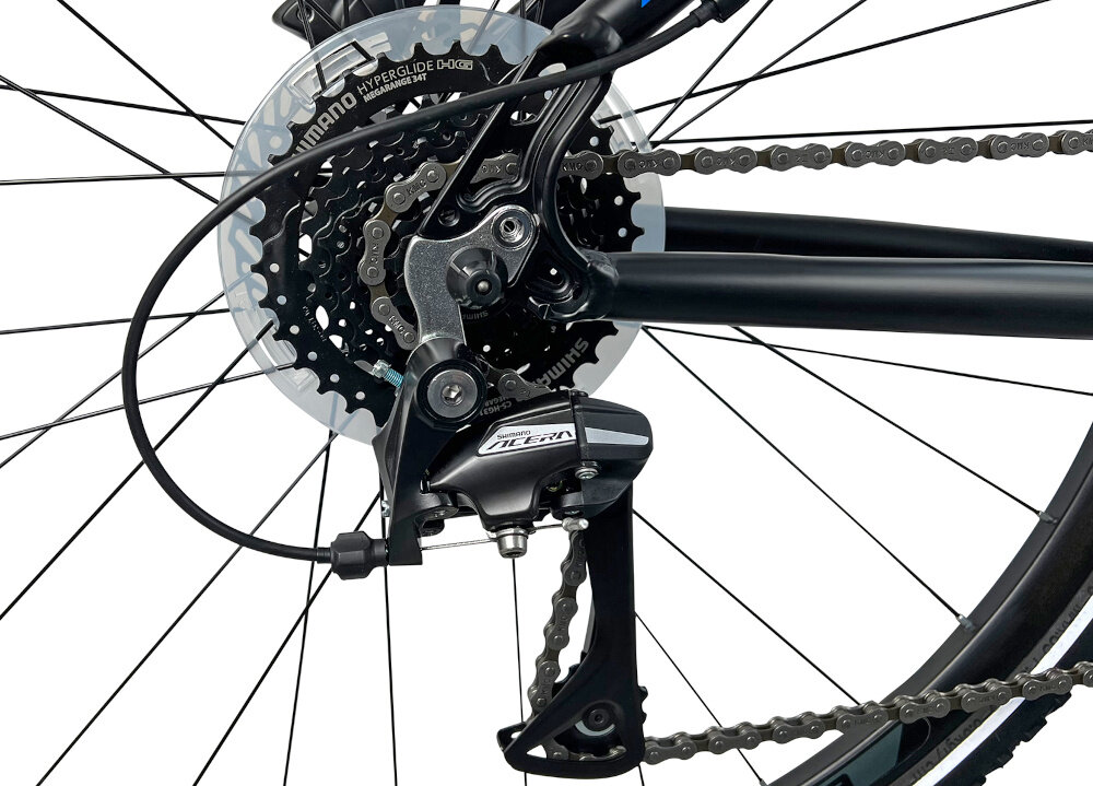 Rower crossowy INDIANA X-Cross 3.0 M17 męski Czarno-niebieski zbliżenie na tylną przerzutkę przerzutki marki przerzutki marki SHIMANO 24 biegów przednia przerzutka SHIMANO Tourney tylna przerzutka SHIMANO Acera duża wytrzymałość sprawne działanie zmiana biegów jest płynna i bezproblemowa