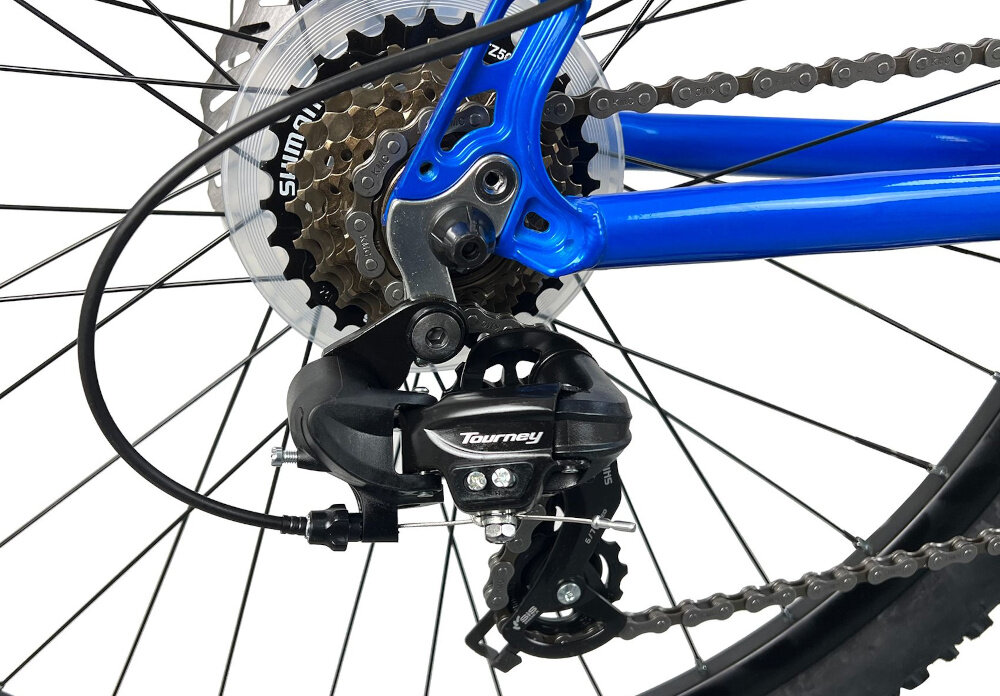 Rower górski MTB INDIANA X-Pulser 2.7 M17 27.5 cala męski Niebiesko-pomarańczowy zbliżenie na tylną przerzutkę przerzutki marki SHIMANO przednie i tylne przerzutki SHIMANO Tourney duża wytrzymałość sprawne działanie zmiana biegów jest płynna i bezproblemowa 21 biegów