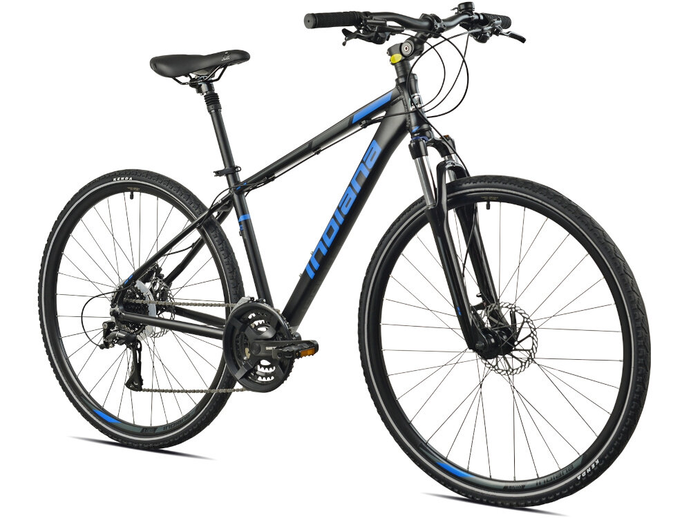 Rower crossowy INDIANA X-Cross 3.0 M19 męski Czarno-niebieski rower na białym tle widoczny od przodu po skosie uniwersalny pojazd jednośladowy do jazdy na drogach asfaltowych i gruntowych polnych dróżkach siodełko umieszczone niżej niż kierownica wygodna wyprostowana pozycja ciała łatwa kontrola kierownica i siodełko są regulowane można ustawić do jazdy w pozycji pochylonej